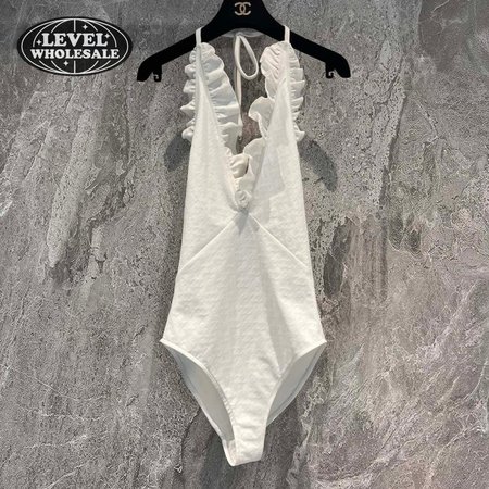 Chanel White Falbala One-Piece Swimsuit