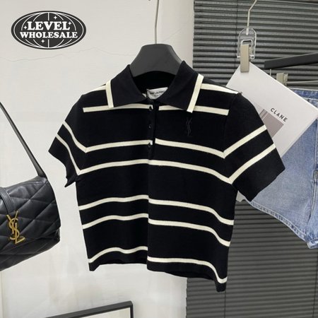Saint Laurent Women's Striped Cropped Cotton-pique Polo Shirt