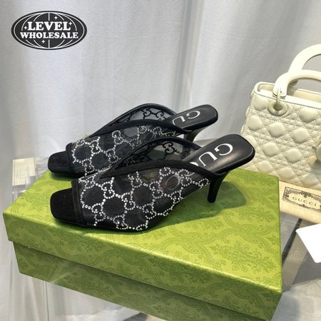 Gucci GG Crystal 75mm Heeled Sandal Black Mesh