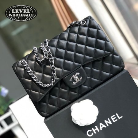 Chanel Classic Double Flap Quilted Lambskin Silver-tone Jumbo Black