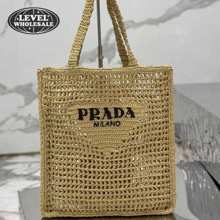 Prada Logo-Print Raffia Tote