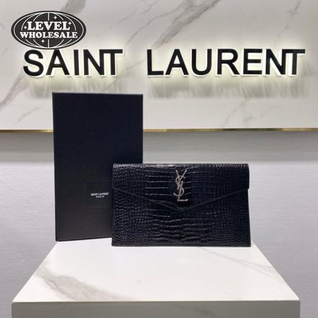 Saint Laurent Uptown Pouch Shiny Crocodile-Look Leather Black