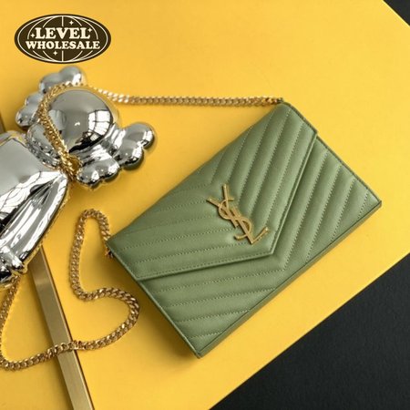Saint Laurent Monogram Embossed Light Sage Leather Chain Wallet