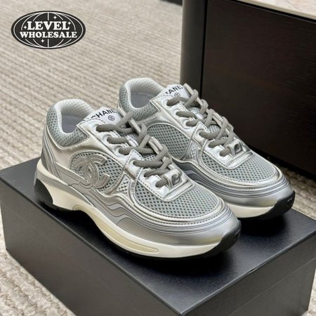Chanel 23C Gray Silver Metallic CC Logo Lace Up Flat Runner Trainer Sneaker