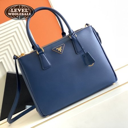 Prada Blue Saffiano Lux Leather Double Zip Tote