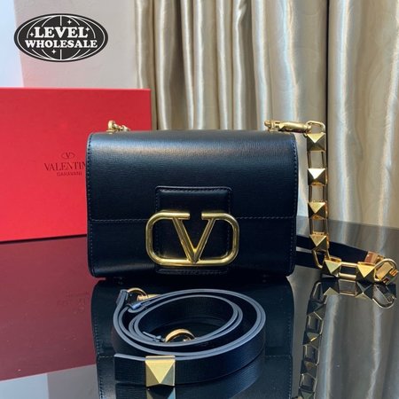 Valentino Garavani Stud VLOGO Grainy Calfskin Shoulder Bag in Black