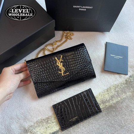 Saint Laurent Cassandre Phone Holder With Strap In Shiny Crocodile-Embossed Leather