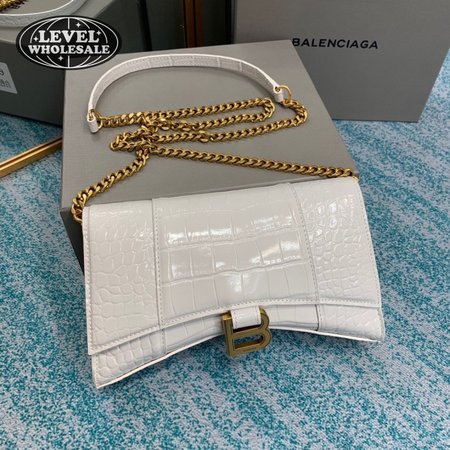 Balenciaga Hourglass Wallet On Chain Crocodile Embossed In White 9016