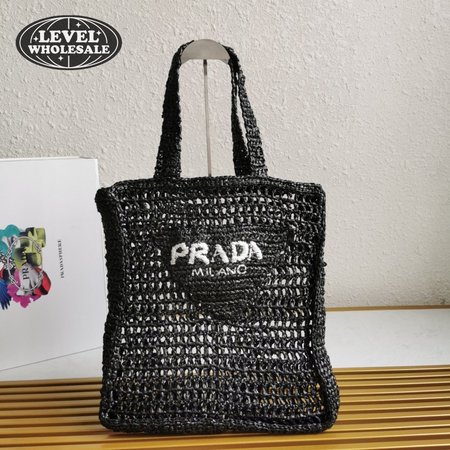 Prada Raffia Tote Bag Black 1BG393