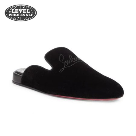 Christian Louboutin Navy Coolito Flat Black Velvet Backless Slide