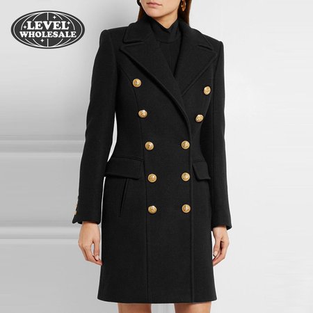 Balmain Black Double Breasted Gold Button Wool Coat