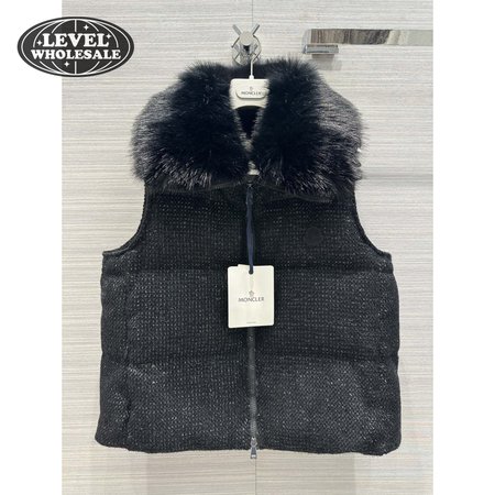 Moncler Carrelet Fur-Collar Tweed Vest Black Women's