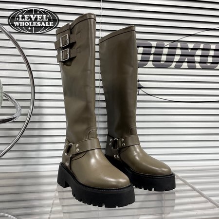 Celine Bulky Biker High Boot In Calfskin Khaki/Silver