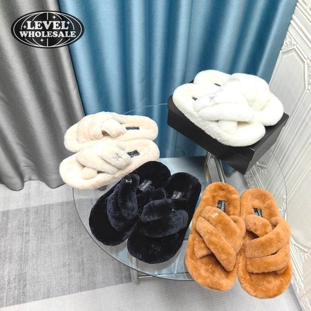 Chanel Women's Cross Band Slippers Fuzzy Slippers