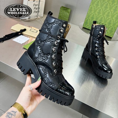 Gucci GG Matelasse Lace-Up Boot Black Leather 35-42