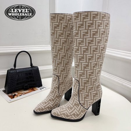 Fendi Cut High-Heeled Dove Gray FF Chenille Boots 35-39