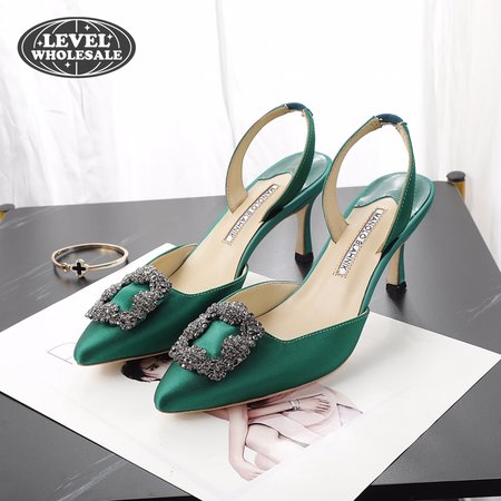 Manolo Blahnik Green Satin Jewel Buckle Slingback Pumps 35-42